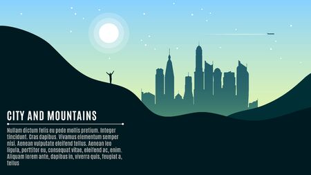 Landscape on the hilly mountains and the big morning city. The traveler waves his hands. A place for your projects. Vector illustration in a flat style. EPS 10のイラスト素材