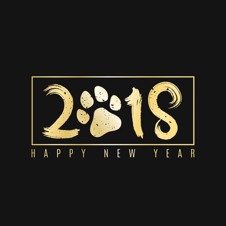 2018 year of the dog. Golden banner with text for your projects. Grunge brush. A golden dog track. Cover for the magazine. Painted figures. Vector illustration. EPS 8 2018 year of the dog. Golden banner with text for your projects. Grunge brush. A golden dog track. Cover for the magazine. Painted figures. Vector illustration. EPS 8