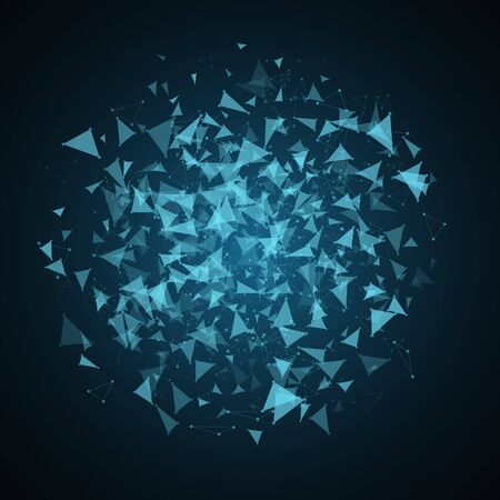 Abstract glowing background in the style of plexus. The flying triangles are blue in the dark. Big data and sci-fi. Modern technologies in design. Vector illustrationのイラスト素材