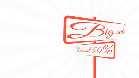 Great sale. Discount of 50 percent. Traffic sign with text. White cartoon background with rays in a flat style. Side view. Minimalistic style. Vector illustrationのイラスト素材