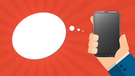 Man is holding a modern phone. High-tech electronic gadget. Red background with rays in a flat style. Empty blank cloud for text. Vector illustrationのイラスト素材