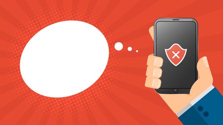 A cartoon man holds a broken phone in his hand. Empty cloud for text. A red shield on the screen. High-tech phone. Cartoon style. Vector illustrationのイラスト素材