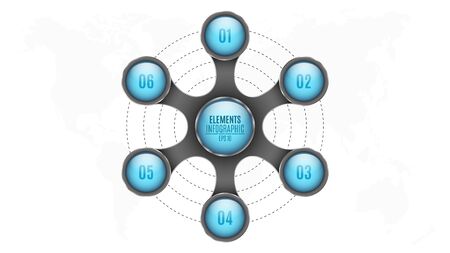 3d Elements of infographics. Blue circles with numbers for your business project. Map of the planet earth. Abstract metal object isolated on white background. Vector illustrationのイラスト素材