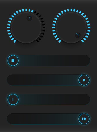 Set of glowing blue buttons and sliders. Neon style. Control user interface. Rubber and metal switches. Adding and decreasing the sound parameters. Vector illustrationのイラスト素材