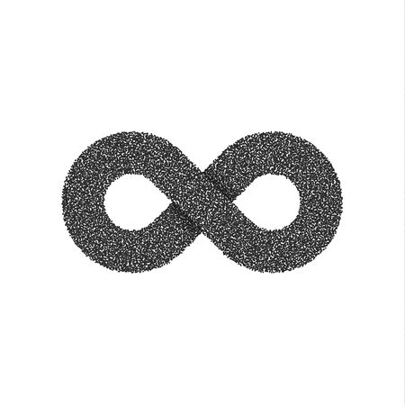 The symbol of infinity from fine black particles. Isolated on white background. Volumetric sign with...