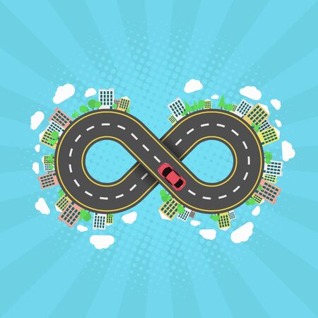Infinity road. An endless journey through the world. The carriageway. Cartoon car is driving along the road. Halftone effect with rays. Cities and settlements. Trees and plants. Vector illustrationのイラスト素材