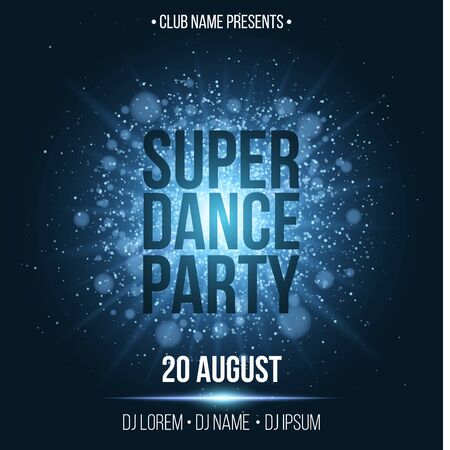 Super dance party. Luxurious invitation card. Blue flash with blue dust. Night party. Enter your DJ and club name. Poster for your project. Blue glare bokeh. Vector illustrationのイラスト素材