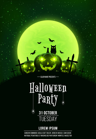 Template for Halloween party. A terrible concept of crosses, graves and glowing pumpkins. Green dust. The black owl. Full moon. Vertical background. Club poster. Vector illustrationのイラスト素材