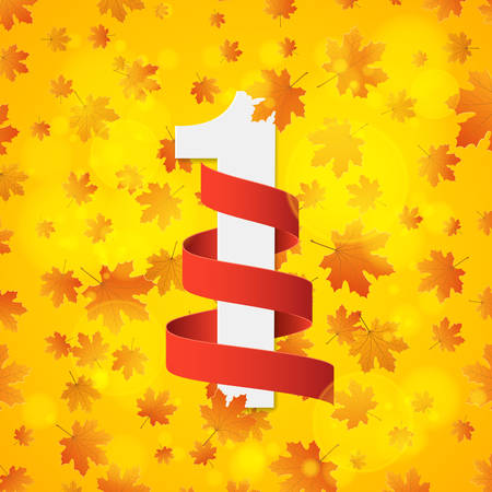 September 1st. Day of knowledge. Empty red ribbon with white number 1. Autumn background for poster. Orange leaves of maple. Abstract yellow glare bokeh. Back to school. Vector illustrationのイラスト素材