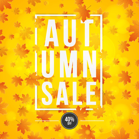 Autumn background. Poster for advertising autumn sale. Invitation card. White paper banner with text. Red orange maple leaves. Abstract lights bokeh. Vector illustrationのイラスト素材