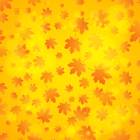 Autumn background. Orange leaves of a maple tree. Hello, Autumn. Background for your project. Abstract orange lights. Glare bokeh. Vector illustrationのイラスト素材