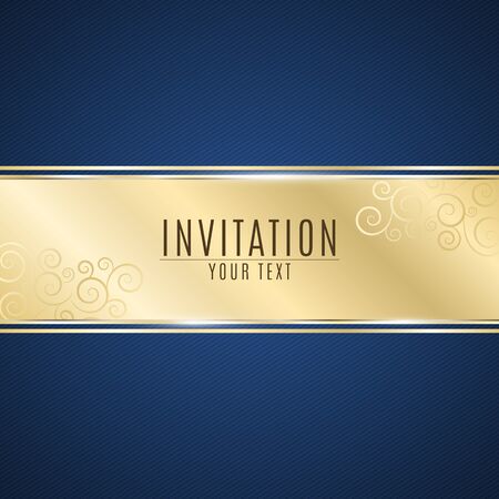 Luxurious invitation. Golden ribbon banner on a blue background with a pattern of oblique lines. Realistic gold strip with an inscription. Gold lace. VIP invitation. Vector illustrationのイラスト素材