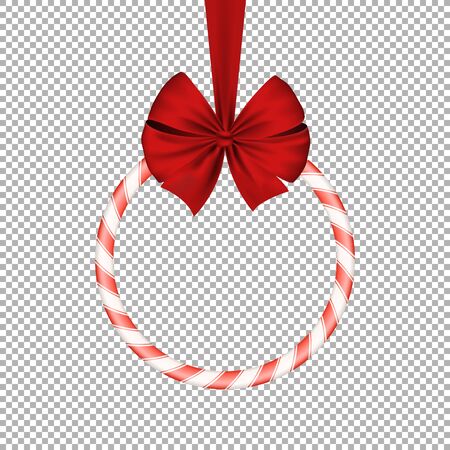 Christmas sugar sweet red lollipop with red realistic ribbon on a transparent background. Round banner. Sweet gift. Happy New Year. Vector illustrationのイラスト素材