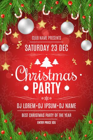 Poster for a Christmas party. Fir tree, lollipops and snow berries on a red background. Celebratory background. Christmas balls and gold stars. Falling snow. White text with description.のイラスト素材