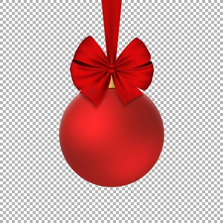 Red Christmas ball with red realistic ribbon on white background. Happy New Year. Vector illustrationのイラスト素材