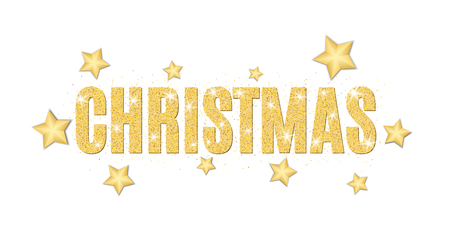 Christmas text made of golden particles on a white background. Gold glitter. Christmas lights. Christmas golden background for banner, flyer. Gold stars and dust. Gold shine. Vector illustrationのイラスト素材