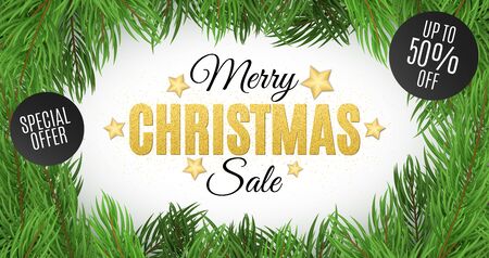 Christmas sale. Text of golden glitters. Special offer, discounts up to 50 percent. Christmas tree on a white background.のイラスト素材
