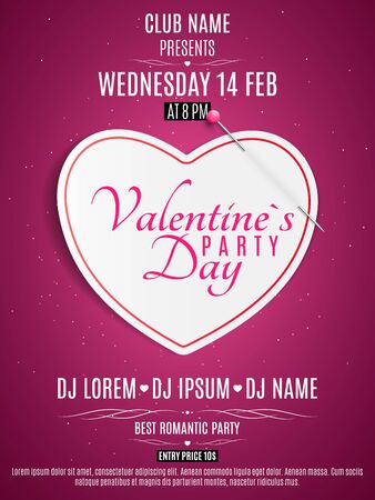 Valentines Day party flyer. Purple and white note with pin. Banner paper heart. Romantic composition with confetti. Light glitters. Invitation to the club. Vector illustration.のイラスト素材
