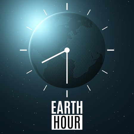 Earth Hour. Futuristic planet earth in space with a clock. 60 minutes without electricity. Sunrise with a blue glow. Global holiday. Abstract world map. Space and stars. Vector illustrationのイラスト素材