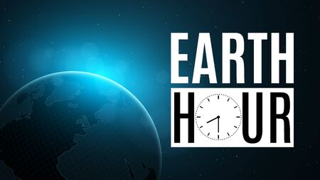 Earth Hour. Futuristic planet earth in space. 60 minutes without electricity. Sunrise with a blue glow. Global holiday. Abstract world map. Space and stars. Vector illustrationのイラスト素材