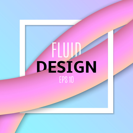 Fluid design. Abstract purple orange fluid lines in 3d style. White frame banner for text. Blue background. Modern design for your project. Vector illustrationのイラスト素材