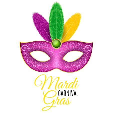 Mask for Mardi Gras carnival. Luxurious mask with colorful feathers on a white background. Yellow text. Festive poster, template. Vector illustrationのイラスト素材