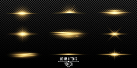 Set of flashes, lights and sparks. Abstract golden lights isolated on a transparent background. Bright gold flashes and glares. Bright rays of light. Glowing lines. Vector illustration. EPS 10のイラスト素材