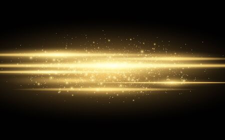 Abstract stylish light effect on a black background. Gold glowing neon lines in motion. Golden luminous dust and glares.のイラスト素材
