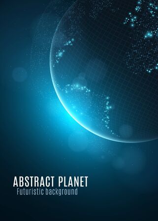 Abstract planet earth with glowing map of small square dots and blue sunrise.のイラスト素材