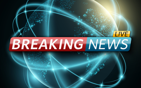 Breaking news live. Futuristic planet earth. World map of luminous dots. twisted glowing, blurry neon lines. Technology and business. Live on TV. Space concept. Vector illustration. EPS 10のイラスト素材