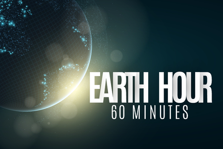 Earth Hour. Futuristic planet Earth. 60 minutes without electricity. 3D paper letters. Sunrise. Global holiday. Clock go. Abstract world map. Sunrise. Vector illustration. EPS 10のイラスト素材