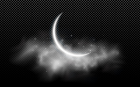 Realistic moon month with clouds isolated on a transparent background. Starry cloud. Dark night. Muslim holiday Ramadan Kareem. Glowing milk moon. Vector illustration. EPS 10のイラスト素材