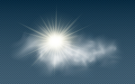 Realistic sun with clouds isolated on a transparent background. Sunlight. Sun rays. Transparent clouds. Vector illustration. EPS 10のイラスト素材