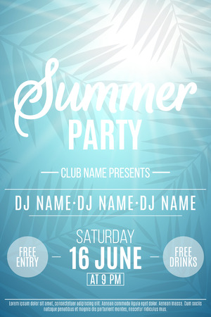 Poster for Summer Party. Background with palm trees. The names of the club and DJ. Summer disco flyer. Vector illustration.のイラスト素材