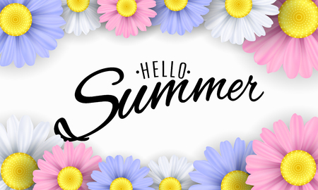 Hello Summer. Seasonal banner. Multicolored flowers on a white background. Calligraphic black text. Vector illustration. EPS 10のイラスト素材