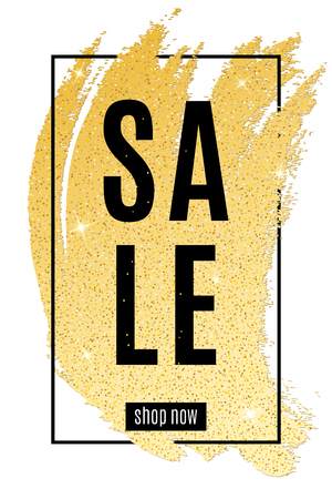 Luxury fashionable banner for sale. Black text in frame. Grunge line hand drawn. Golden spot. Gold glitters. Shiny smear. Modern banner for your project. Vector illustration. EPS 10のイラスト素材