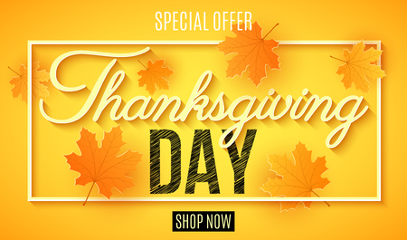 Thanksgiving day sale. Golden banner for your design. Greeting card. Leaves of maple. Calligraphy and lettering. Autumn poster. Vector illustration. EPS 10のイラスト素材