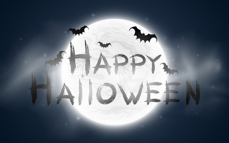 Happy Halloween. The inscription in the style of grunge. Full moon with fog. Flying bats and a spider on a web. Terrible night. Vector illustration.のイラスト素材