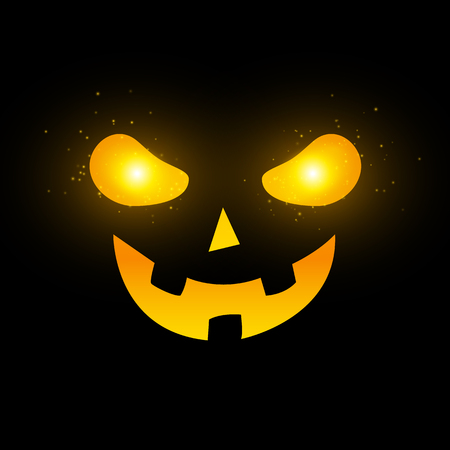 Terrible Halloween face. Yellow glowing eyes with flying magical dust. Cartoon scary face on a black background. Vector illustration. EPS 10のイラスト素材