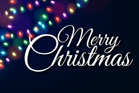 Christmas cover. Multicolored lights on a dark background. Calligraphic text. Celebratory background. Glowing garlands. Luminous oval light bulbs. Vector illustration.のイラスト素材