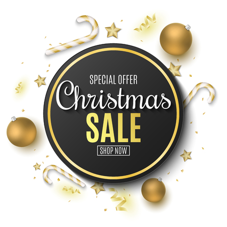 Christmas sale banner. Golden balls. Confetti and serpentine. Golden stars and lollipops. Scattered toys on the board. Special offer. Festive label. Vector illustration. EPS 10のイラスト素材