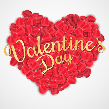 Happy Valentine's Day banner with golden calligraphy. Heart of rose petals on a white background. Romantic graphic element. Web festive banner for party. Vector illustration. ESP 10のイラスト素材