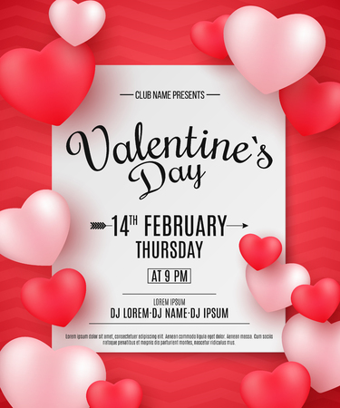 Valentine's Day party flyer. 3D hearts on a red background with pattern. Romantic composition. Festive web banner for night club. DJ and club name. Vector illustration.のイラスト素材
