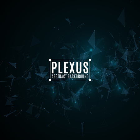 Plexus abstract background for your design. Modern futuristic geometry. Flying triangles in the dark. Glowing lights. Connected triangles. Science cover. Vector illustration. EPS 10のイラスト素材