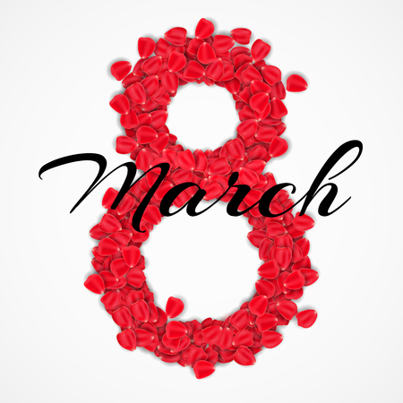 Greeting card for 8 March. Happy Womens Day. Number 8 of rose petals. Red flower. Romantic composition. Calligraphic text. Vector illustration. EPS 10のイラスト素材