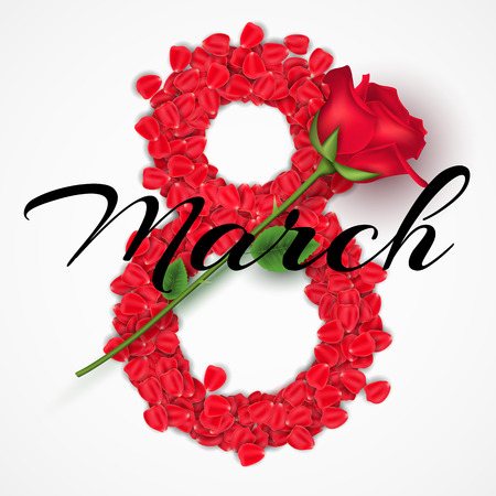Greeting card for 8 March. Happy Womens Day. Number 8 of rose petals. Realistic flower. Romantic composition. Calligraphic text. Vector illustration. EPS 10のイラスト素材