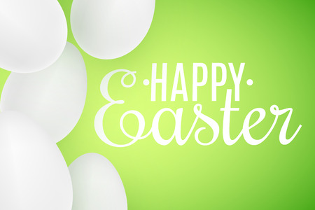 Realistic Easter white 3D eggs on green background. Lettering text. Scattered eggs. Cover for happy easter. Festive web banner. Vector illustration. EPS 10のイラスト素材