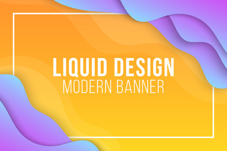 Liquid design. Abstract modern web banner. Multicolor flat geometric shapes on yellow background. Colorful waves.のイラスト素材