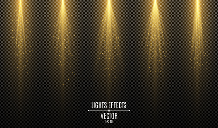 Set of golden stylish lights effects isolated on a dark transparent background. Golden rays with magical dust. Lamp beams. Bright backlight. Vector illustration. EPS 10.のイラスト素材