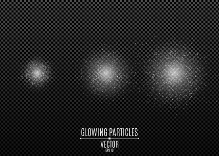 Set of white glitters isolated on a dark transparent background. Stylish sparkle. Spraying dust. Shimmering particles. Flying glowing lights. Vector illustration. EPS 10.のイラスト素材